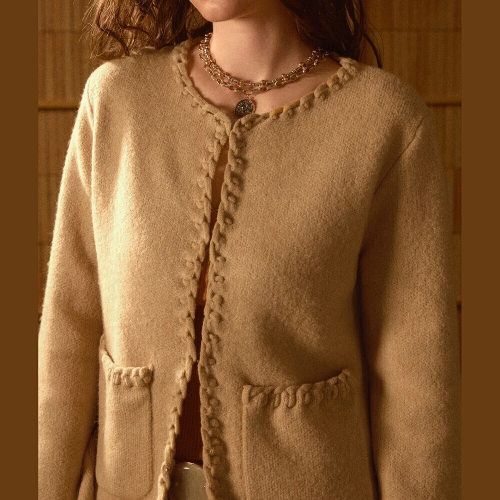 Tan Whipstitch Trim Collarless Patch Pocket Knit Cardigan